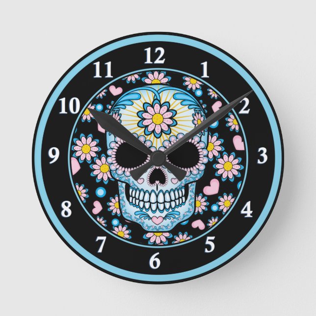 Farbenfroher Zuckerschädel Runde Wanduhr (Vorderseite)