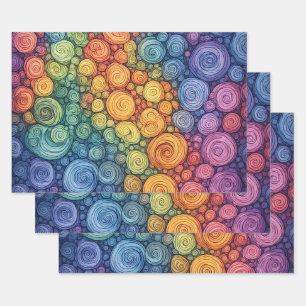Farbenfrohes abstraktes Doodle-Swirbelmuster Geschenkpapier Set