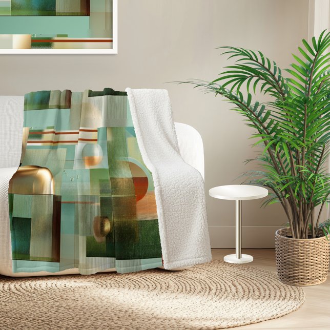Farbenfrohes abstraktes modernes Kunstmuster Sherpadecke (Sherpa blanket featuring a modern abstract design in green, teal and gold)
