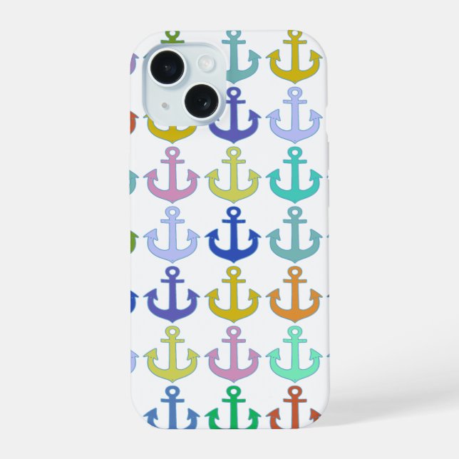 farbenfrohes Anker Muster Navy Design iPhone 15 Hülle (Rückseite)