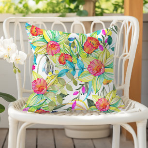 Farbenfrohes Aquarell-Blumen-Narzissen-Muster Kissen