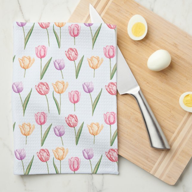 Farbenfrohes Aquarell-Tulpen-Blumenmuster Geschirrtuch (Viertel Falte)