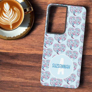 Farbenfrohes Baumherzmuster Pastell Blau Monogramm Samsung Galaxy Hülle