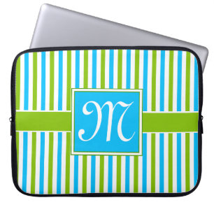 Farbenfrohes Blau- und Grün-Streifenmuster Monogra Laptopschutzhülle