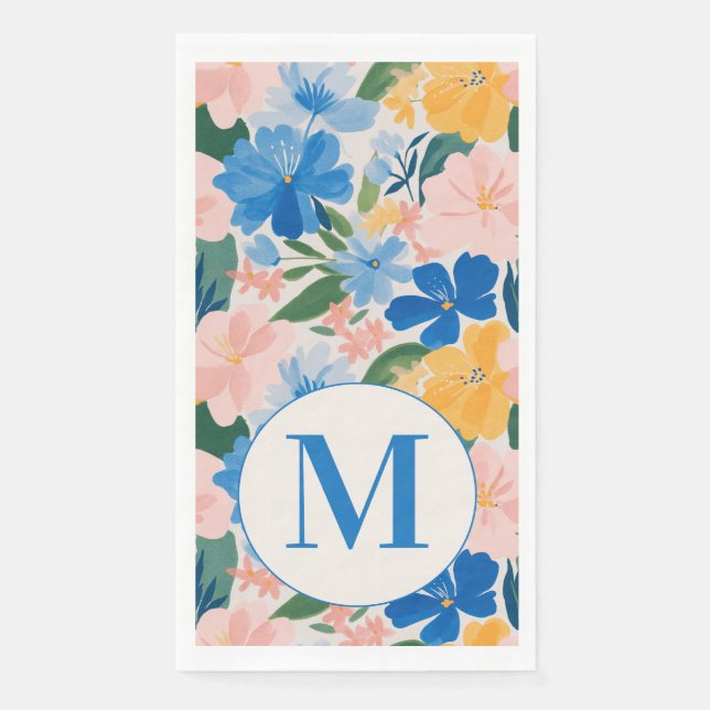 Farbenfrohes blaues Frühlingsblumen-Wassercolor-Mo Serviette (Vorderseite)