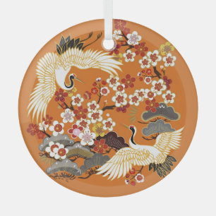 Farbenfrohes Blumenkranich-Sakura-Muster Ornament Aus Glas