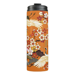 Farbenfrohes Blumenkranich-Sakura-Muster Thermosbecher