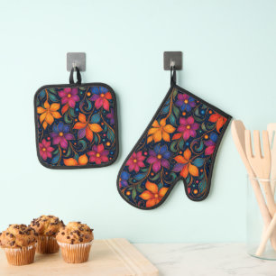 Farbenfrohes Blumenmuster Dekorativ Lebendiges Z Ofenhandschuh & Topflappen-Set