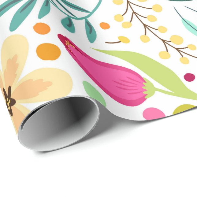 Farbenfrohes Blumenmuster mit Rosa, Gelb Geschenkpapier (Rolleneckpunkt)