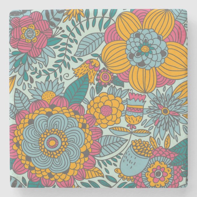 Farbenfrohes Blumenmuster Steinuntersetzer (Vorderseite)