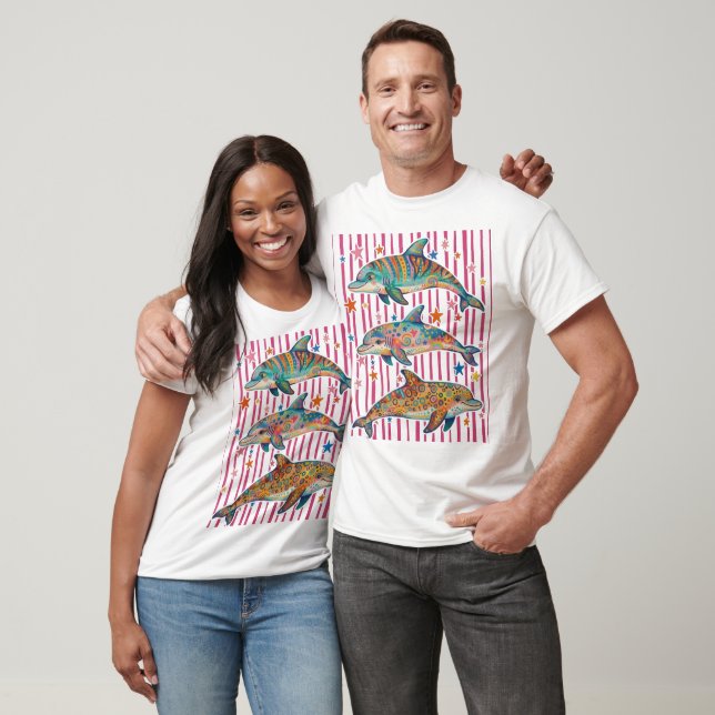 Farbenfrohes Boho-Delfin-Trio T-Shirt (Unisex)