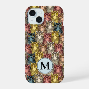 Farbenfrohes Boho-Wald-Eulenmuster iPhone 15 Hülle