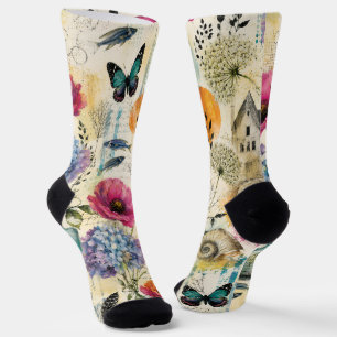 Farbenfrohes botanisches Wasserfarbmuster für die Socken