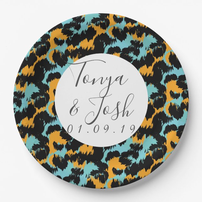Farbenfrohes Cheetah-Druck Muster Moderne Hochzeit Pappteller (Vorderseite)