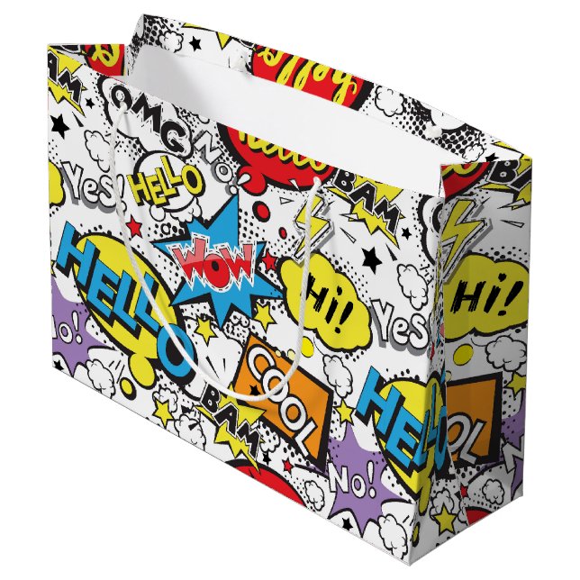 Farbenfrohes Comic-Pop-Art-Sprechblasenmuster Große Geschenktüte (Rückseite Schrägansicht)