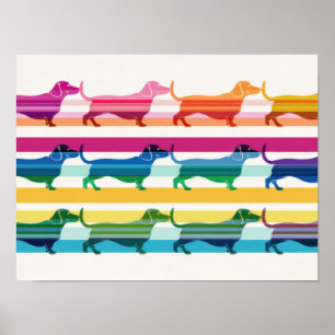 Farbenfrohes Dachshund-Muster Retro-Streifen Poster