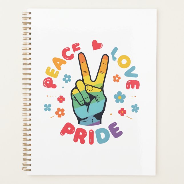 Farbenfrohes Design mit Frieden, Liebe und Stolz H Planer (Vorderseite)