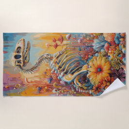 Farbenfrohes Dinosaurierskelett Florale Fantasy-De Strandtuch