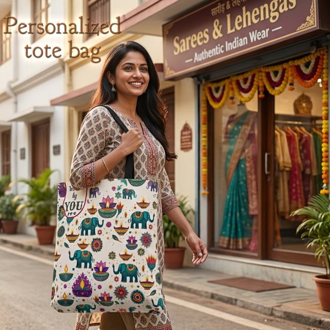 Farbenfrohes Diwali-Elefant & Diya-Muster Custom (Vibrant tote bag showing an Indian pattern of festive elephants, oil lamps and colorful lotus flower)
