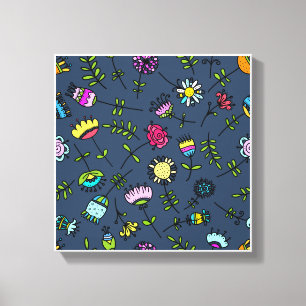 Farbenfrohes Doodle-Blumenmuster auf Dunkelblau Leinwanddruck