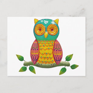 farbenfrohes Eulendesign im Retro-Stil Postkarte