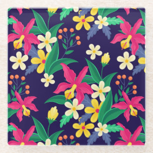 Farbenfrohes exotisches Blumen-Blatt-Muster-23021 Glasuntersetzer