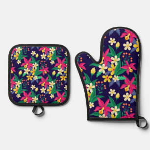 Farbenfrohes exotisches Blumen-Blatt-Muster-23021 Ofenhandschuh & Topflappen-Set