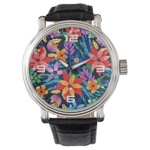Farbenfrohes exotisches Blumenmuster Armbanduhr
