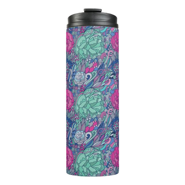 Farbenfrohes florales Doodle-Muster Thermosbecher (Vorderseite)