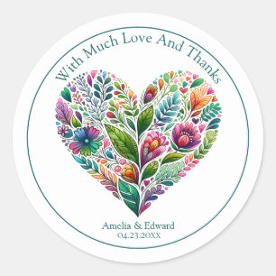 Farbenfrohes florales Herz "Danke"-Geschenk Runder Aufkleber