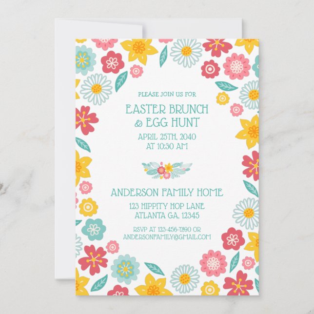Farbenfrohes florales Muster Ostern Brunch-Suche Einladung (Vorderseite)
