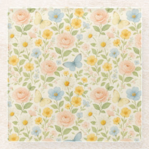 Farbenfrohes, florales Vintage-Muster mit Schmette Glasuntersetzer