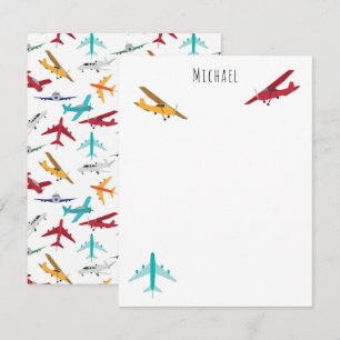Farbenfrohes Flugzeuge-Muster Kinder Name Mitteilungskarte