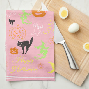 Farbenfrohes Frohes Halloween-Muster Rosa Geschirrtuch