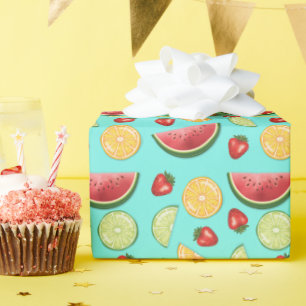 Farbenfrohes Fruchtmuster Citrus Erdbeere Melone Geschenkpapier