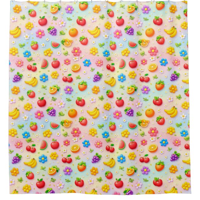 Farbenfrohes Fruchtmuster mit Blumen und Früchten Duschvorhang (Vorderseite)