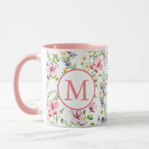 Farbenfrohes Frühlingsblumen-Aquarell-Muster-Monog Tasse