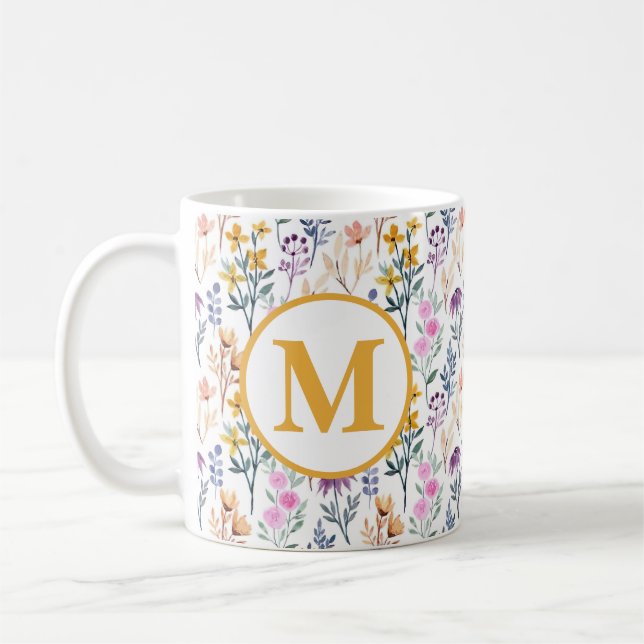 Farbenfrohes Frühlingsblumen-Aquarellmuster-Monogr Kaffeetasse (Links)