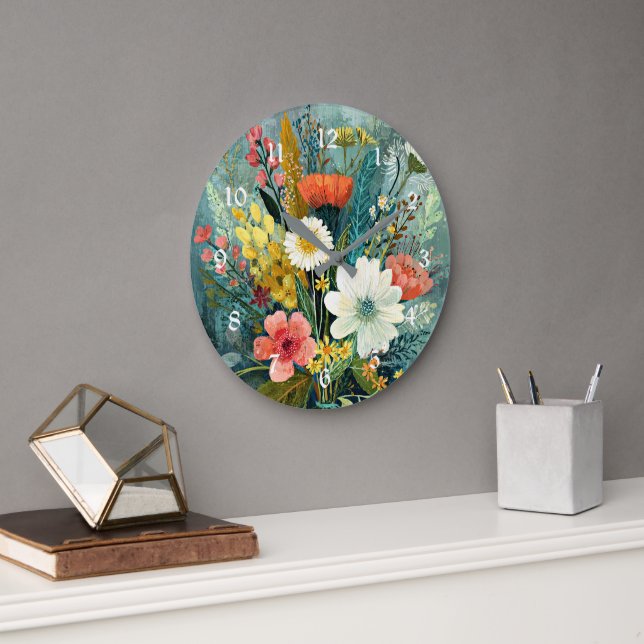 Farbenfrohes Frühlingsbouquet Große Wanduhr (Büro)