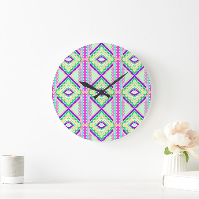 Farbenfrohes geometrisches Boho-Muster Große Wanduhr (Zuhause)