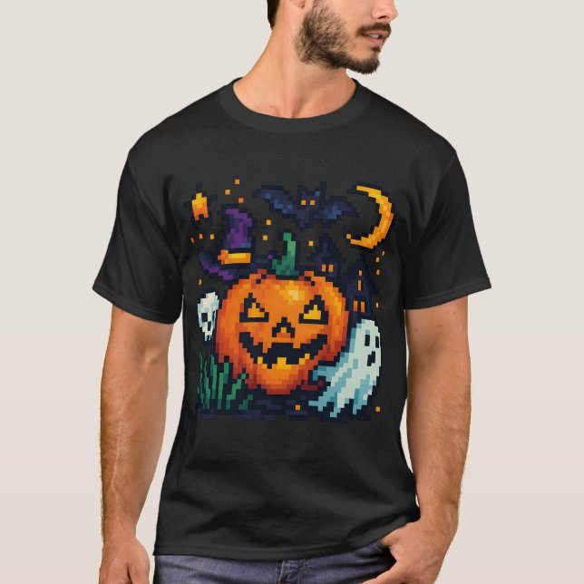 Farbenfrohes Halloween Pixelart – Kürbis, Geist &  T-Shirt (Vorderseite)