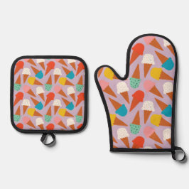 Farbenfrohes handgezeichnetes Eiscreme-Waffelmuste Ofenhandschuh & Topflappen-Set