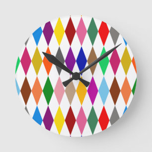 Farbenfrohes Harlekin-Diamanten-Design Weiß Runde Wanduhr