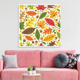 Farbenfrohes Herbstlaub- und Eichelmuster Leinwanddruck