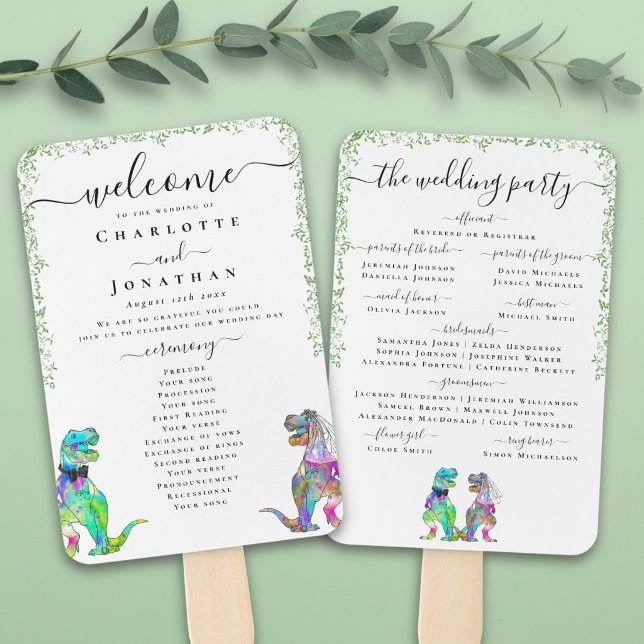 Farbenfrohes Hochzeitszeremonie-Programm mit Dinos Fächer (Colorful T-Rex bride and groom funny dinosaur wedding ceremony program fan Watercolor foliage)