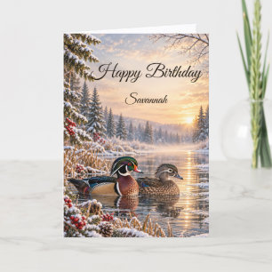 Farbenfrohes Holzentenpaar Winterteich Geburtstag Karte