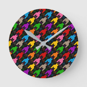 Farbenfrohes Houndstooth-Muster Schwarz  Runde Wanduhr