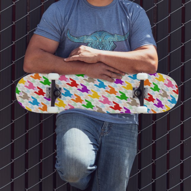 Farbenfrohes Houndstooth-Muster Weiß  Skateboard (Außenbereich 3)