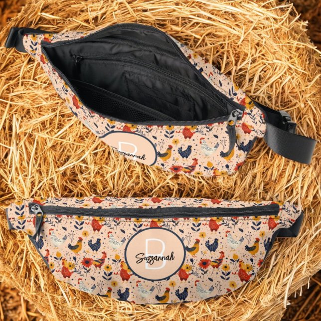 Farbenfrohes Hühnerkunstmuster mit anfänglichem Mo Bauchtasche (front and inside view of chicken pattern fanny pack)