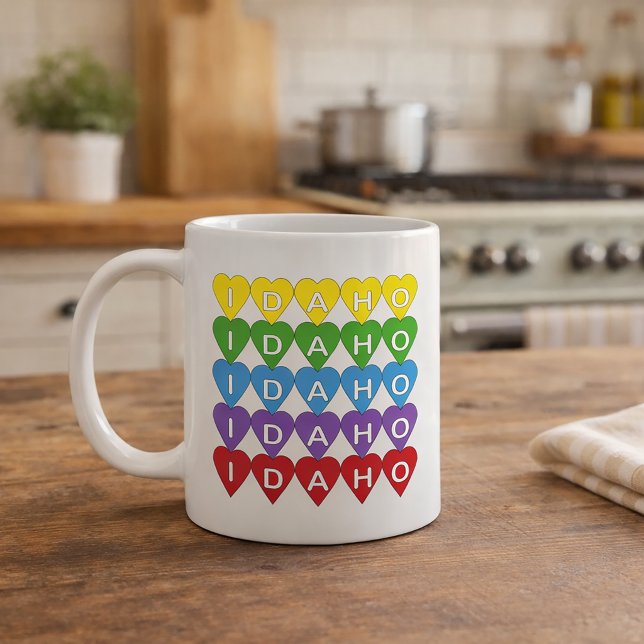 Farbenfrohes Idaho-Herzmuster Kaffeetasse (A mug that says Idaho in a rainbow heart pattern)